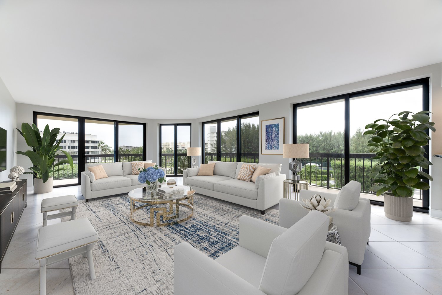 Window-lined living room, virtually staged