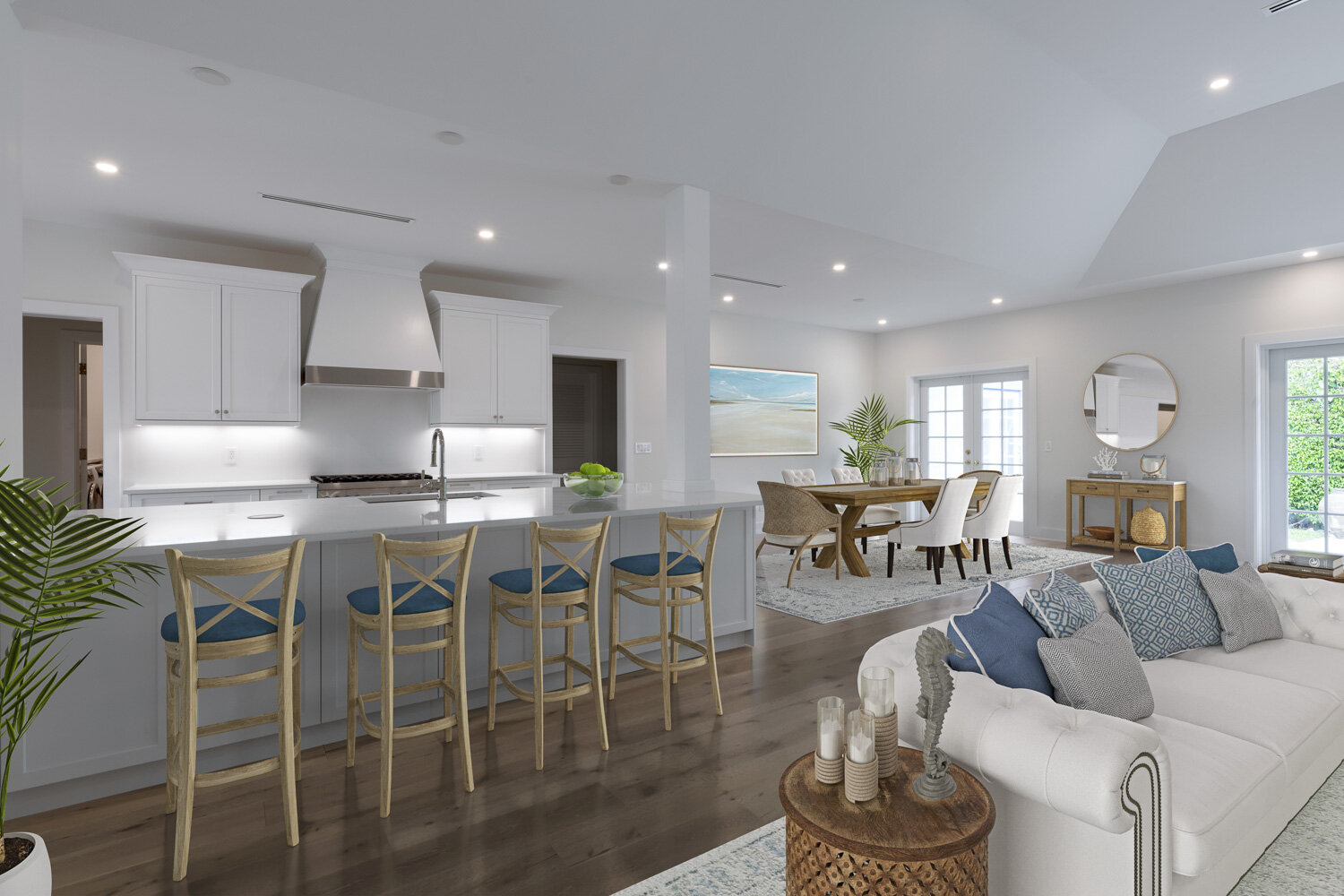Kitchen and living area, virtually staged
