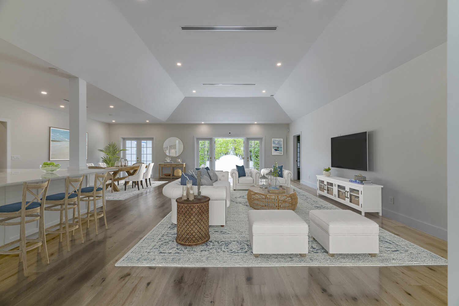 Living room and dining area, virtually staged