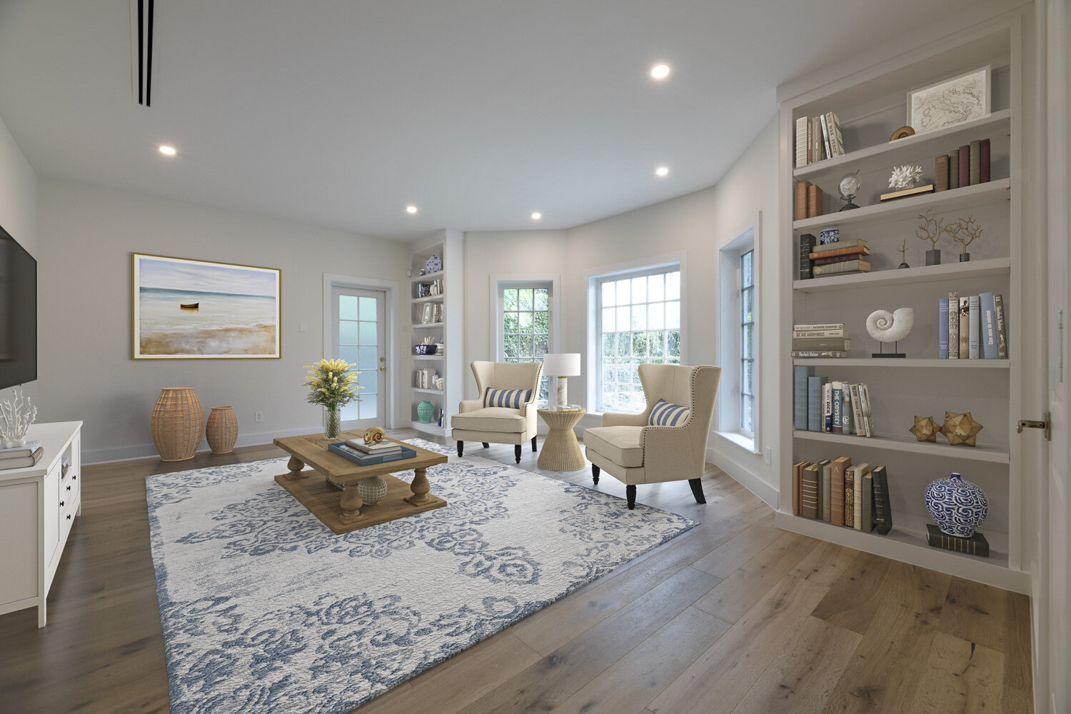 Room with built-in shelves, virtually staged